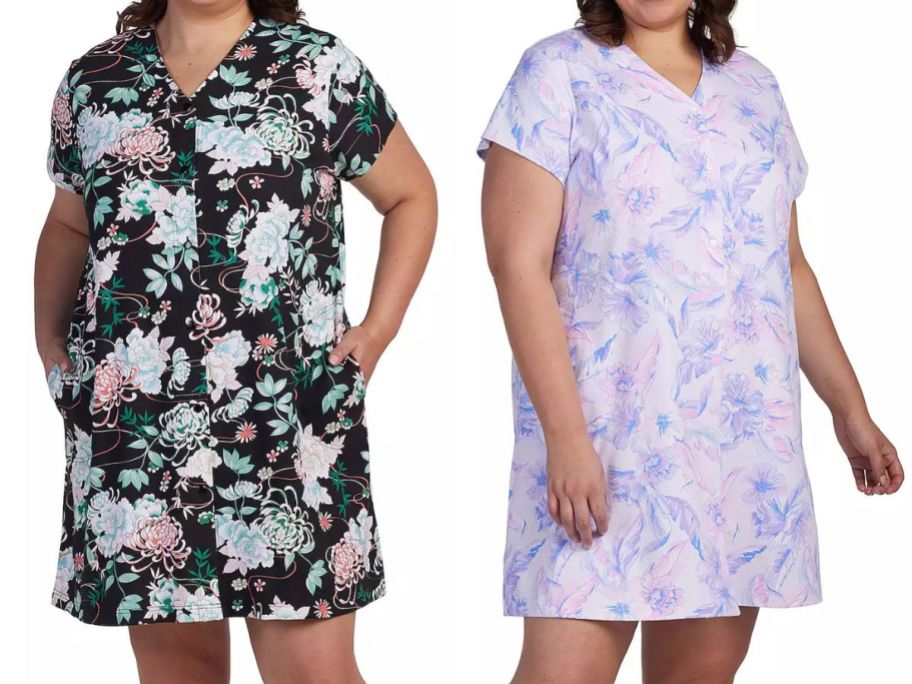 two women wearing Miss Elaine Plus Size Women's Essentials Interlock Knit Short Snap Robes