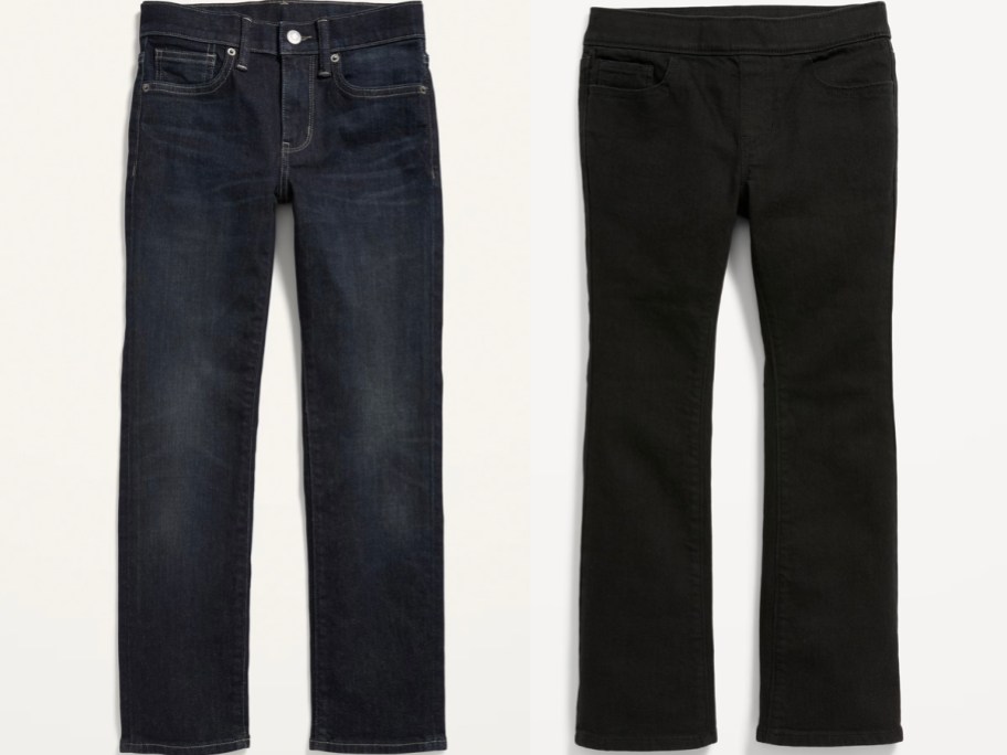 two pairs of blue and black kids jeans