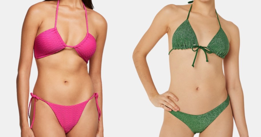 two women's bodies wearing bikinis, one is bright pink, one is a green shimmery color