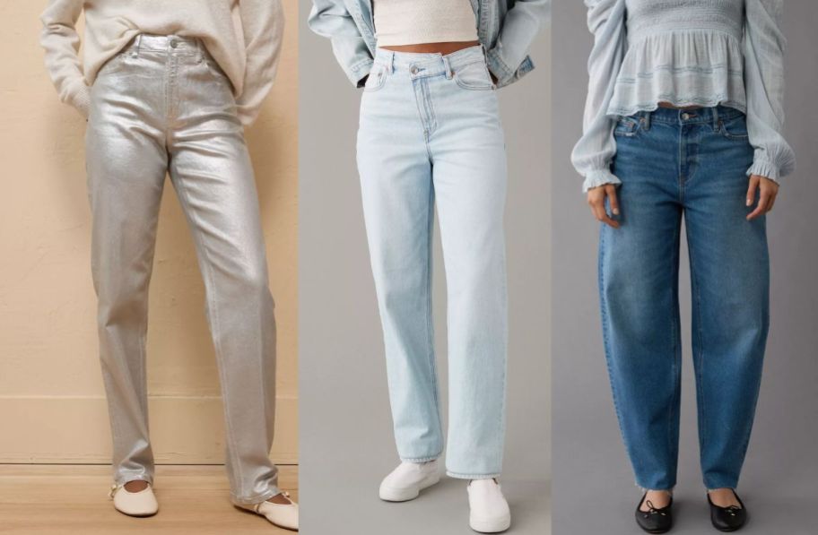 3 models wearing american eagle jeans in various styles