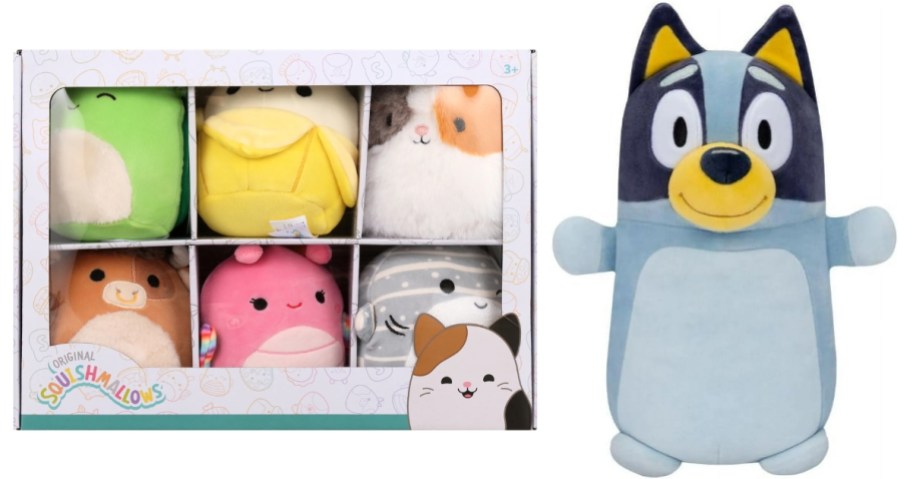 stock images of 5" assorted squishmallows plushes and squishmallows bluey hugmee plush