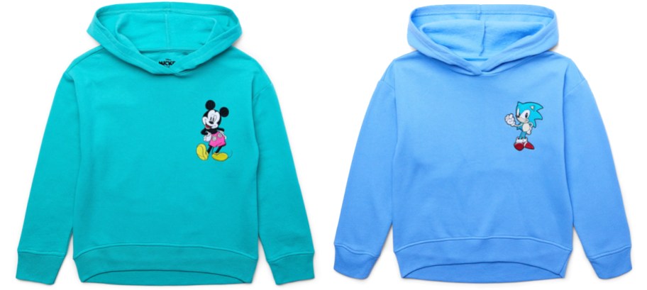 teal mickey mouse and blue sonic hoodies