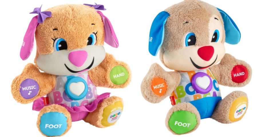 2 plush puppies with buttons on them as learning tools