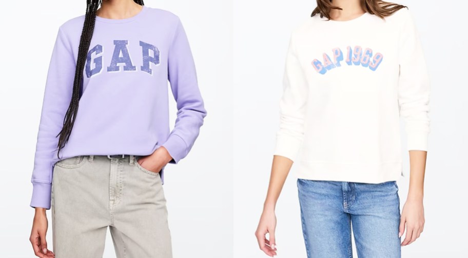 two women in purple and white gap sweatshirts