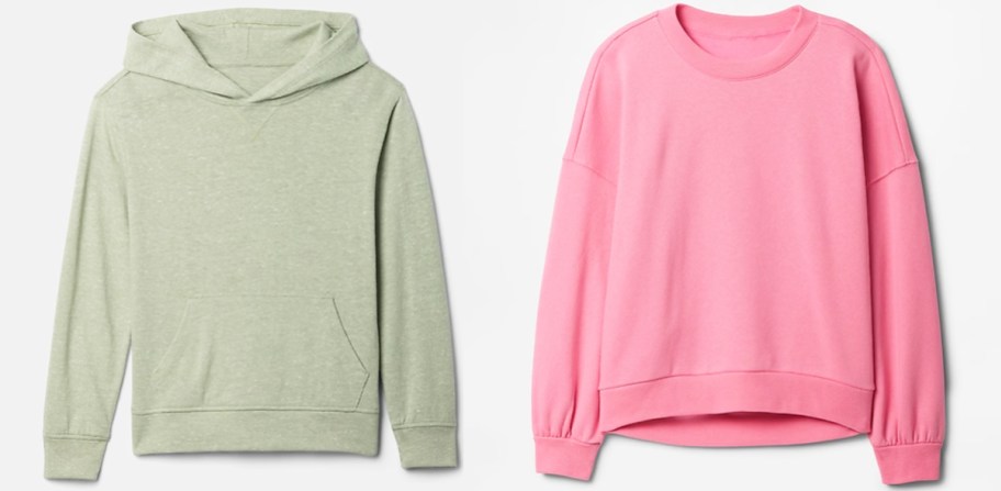 light green hoodie and pink crewneck sweatshirt