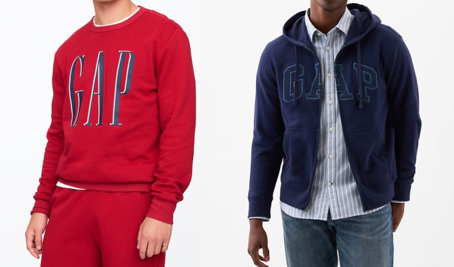 men in red and navy blue gap sweatshirts