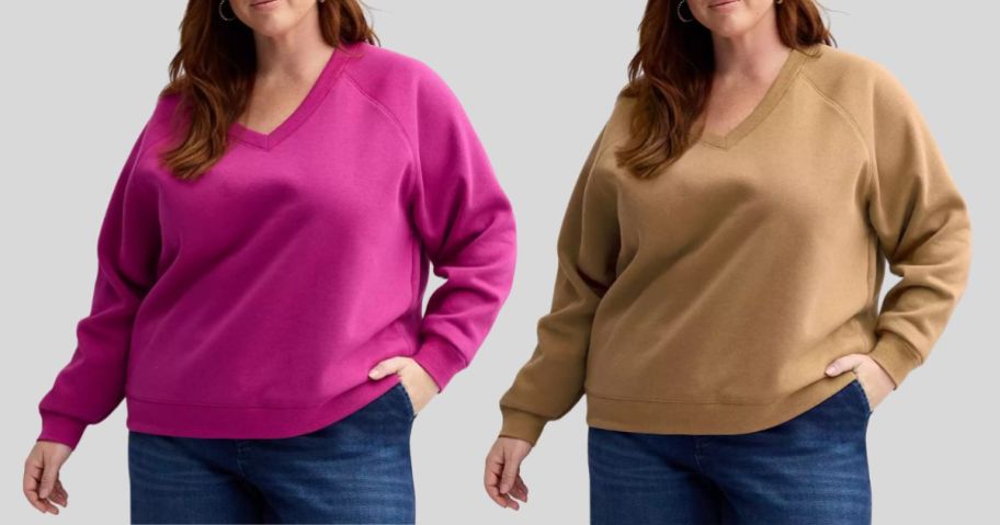 two women wearing Sonoma Goods For Life Women's Plus Size V-Neck Sweatshirts