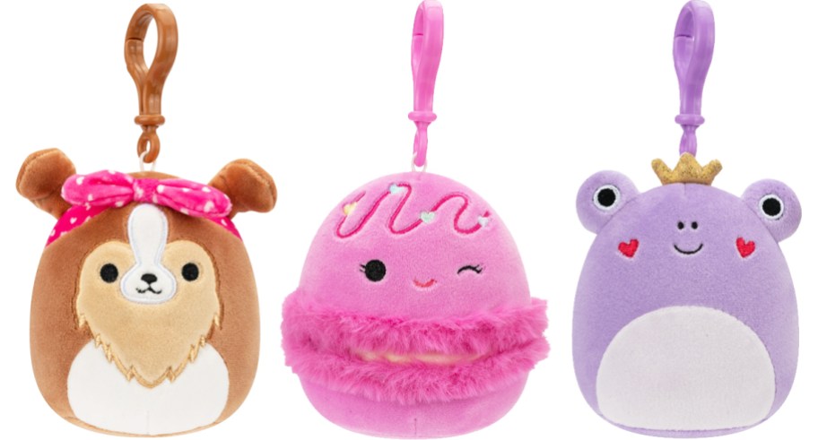 dog, macaron, and purple frog Squishmallows keychains