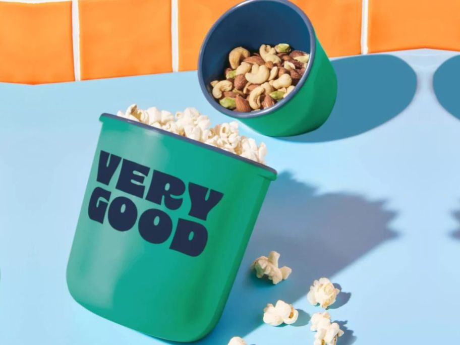 tw0o Tabitha Brown Melamine Novelty Snacking Bowls filled with popcorn and nuts