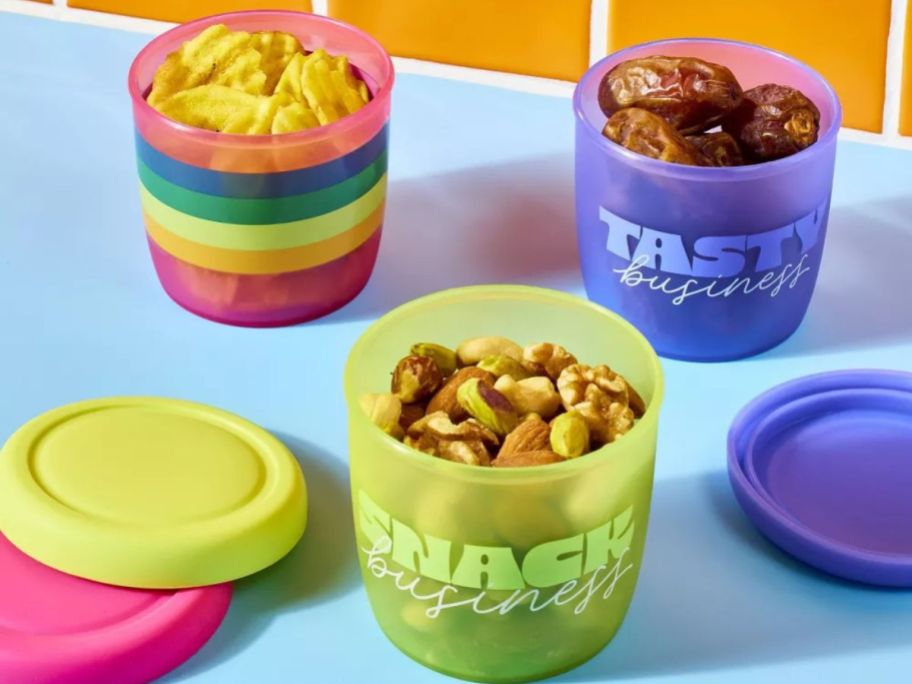 3 Tabitha Brown Small Snack Food 8oz Storage Containers filled with snacks