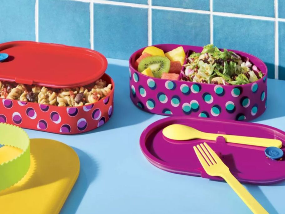 An unstacked Tabitha Brown Lunch Bento Box 2-pack filled with food 