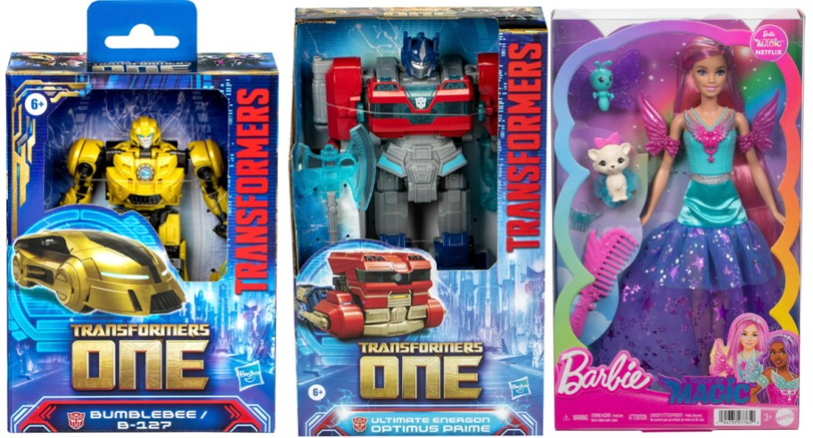 two transformers and barbie toys